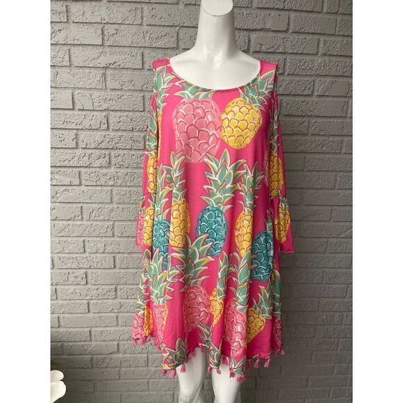 Simply Southern Women Pink Multi Cold Shoulder Pineapple Tassel Dress Size S - Picture 2 of 8